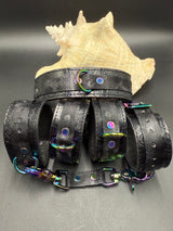 Stamped Leather Bondage Gear - Collar and 2 Cuff Sets with 1 Connector