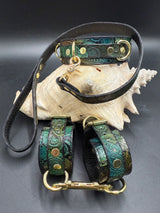 Stamped Leather Bondage Gear - Collar, Short Lined Leash, & 1 Cuff Set