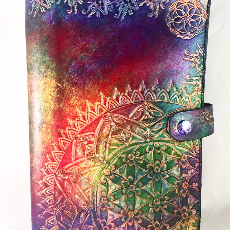 Carved Leather Journal - Rainbow Flower of Life