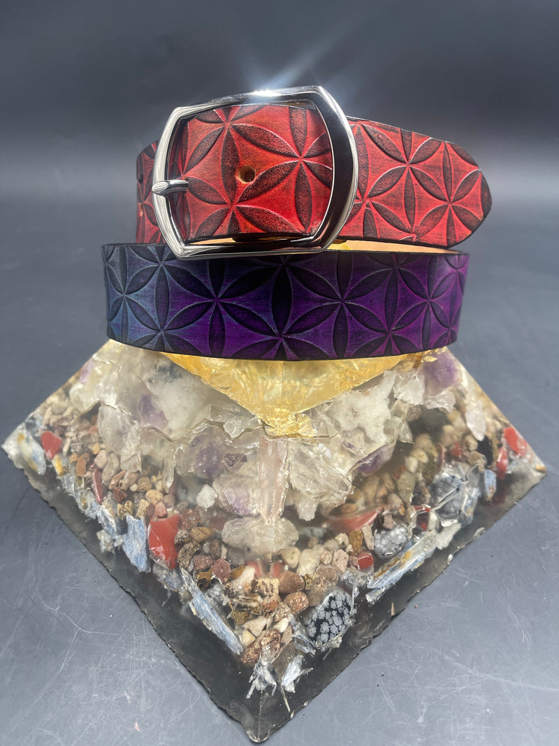 Large Stamped Leather Belt - Flower of Life Red/Purple