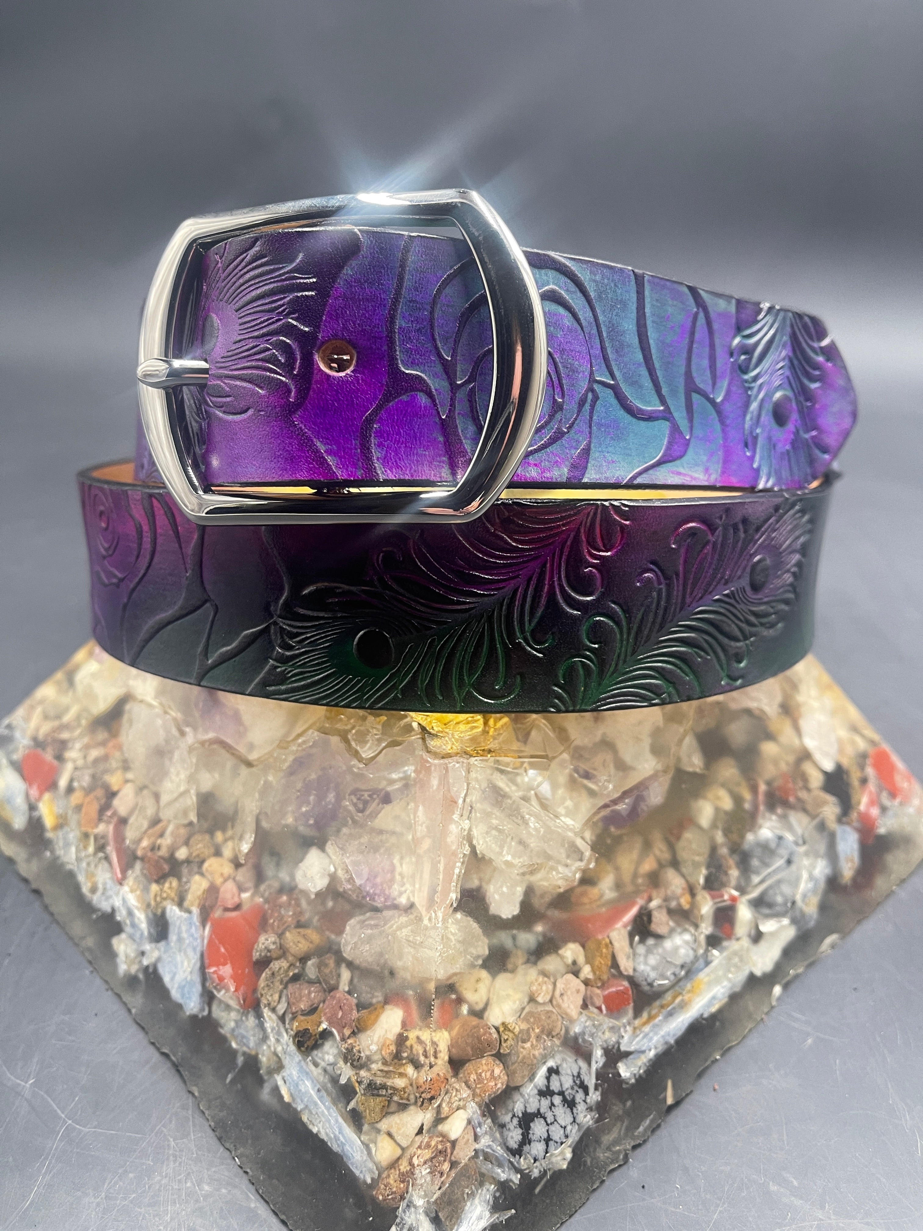 Stamped Leather Belt - Peacock Feathers – Lost Sailor Design