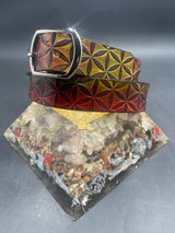 Large Stamped Leather Belt - Flower of Life Red/Yellow