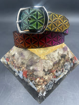 Large Stamped Leather Belt - Flower of Life Rainbow