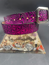 Large Stamped Leather Belt - Flower of Life/Wigwag Pink