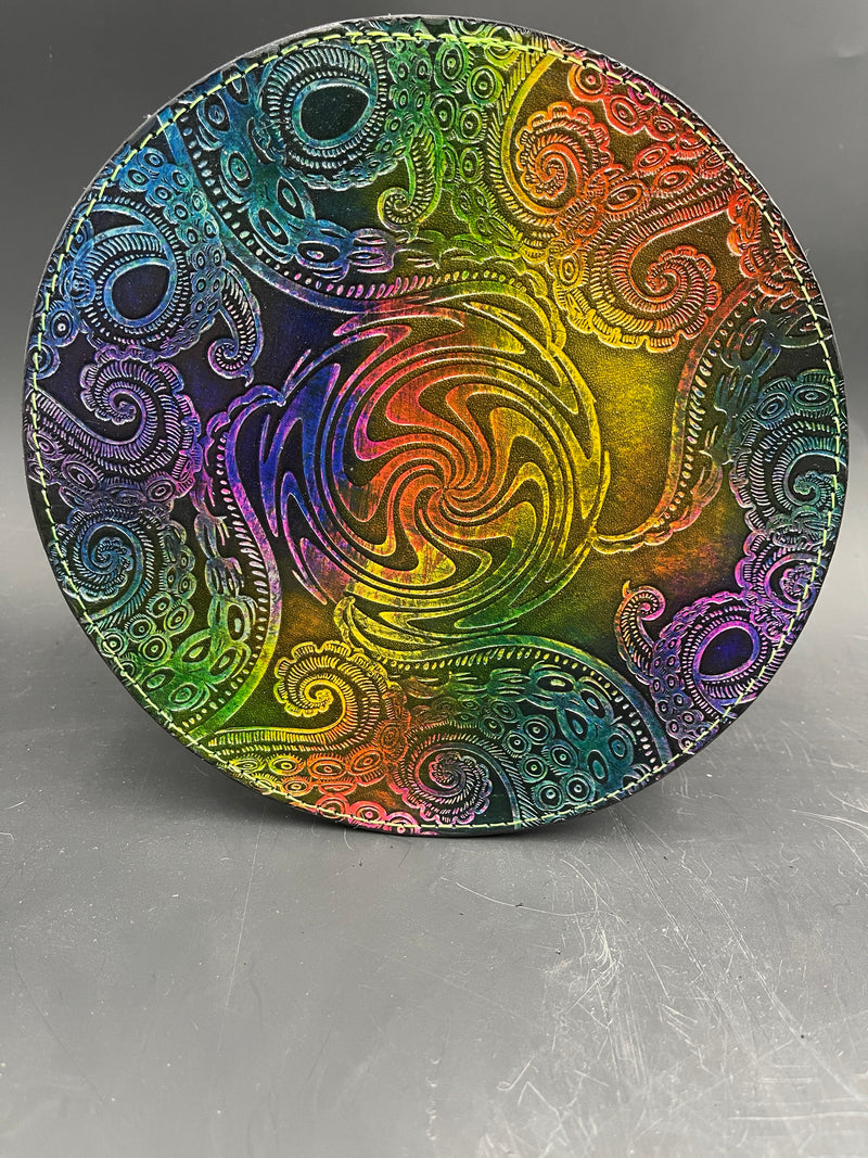 8 Inch Stamped Leather Coaster - Swirl Rainbow