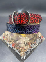 Large Stamped Leather Belt - Flower of Life Red/Purple