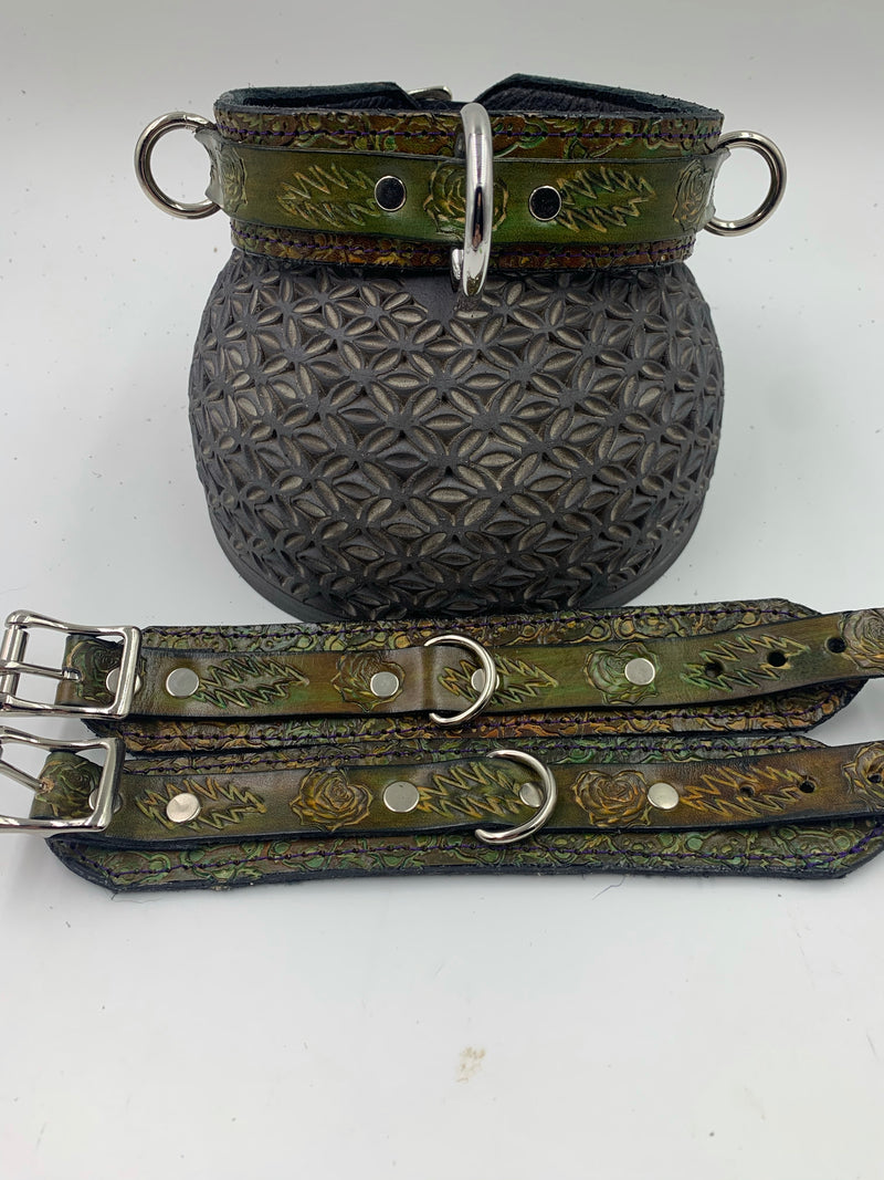 Stamped Leather Bondage Gear - Collar and Cuff Set