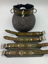 Stamped Leather Bondage Gear - Collar and 2 Cuff Sets