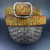 Stamped Leather Belt - Flower of Life Honeycomb Ammonite