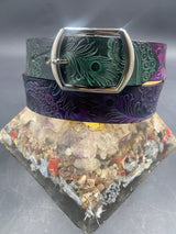 Stamped Leather Belt - Peacock Feathers