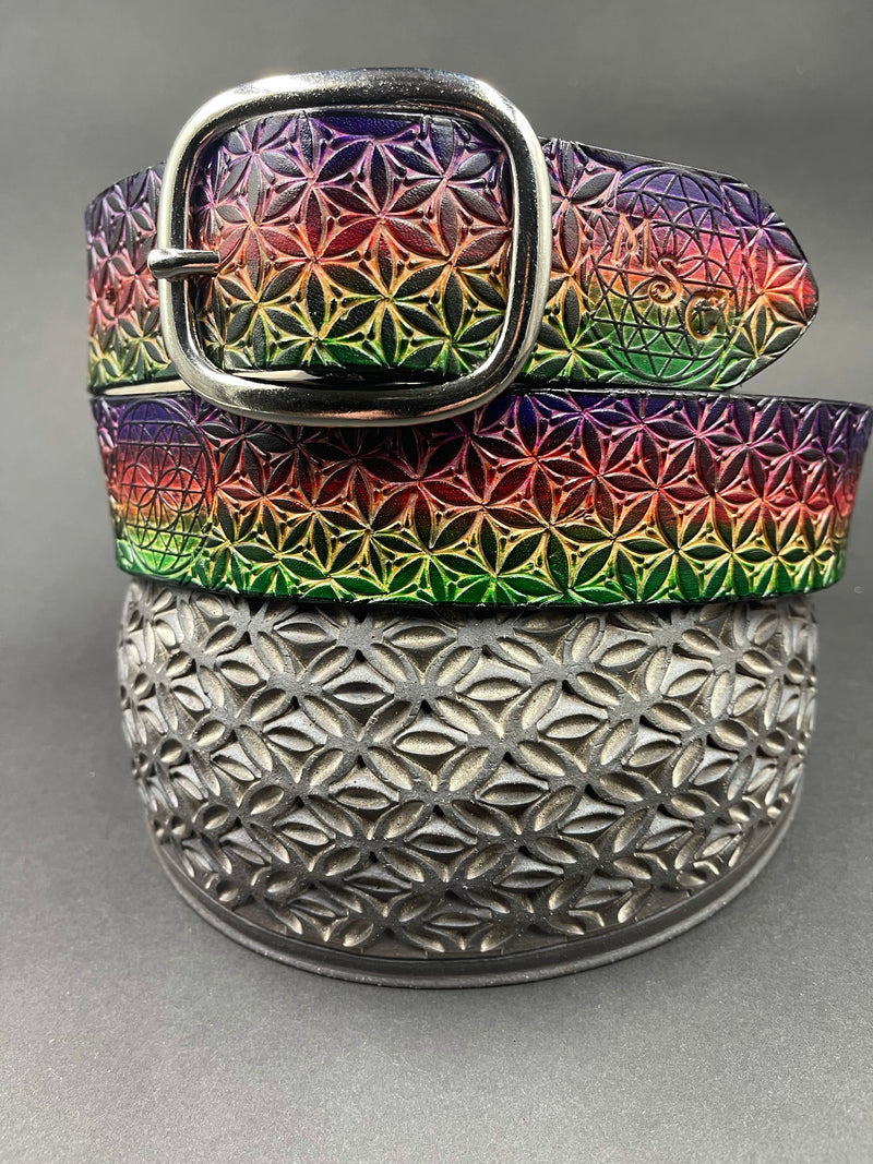 Stamped Leather Belt - Flower of Life Multi Color