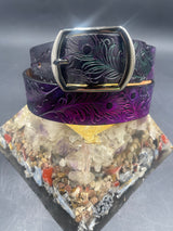 Stamped Leather Belt - Peacock Feathers