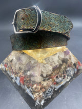 Small Stamped Leather Belt - Wigwag Green Copper