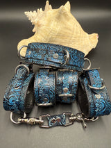 Stamped Leather Bondage Gear - Collar and 2 Cuff Sets with  1 Connector