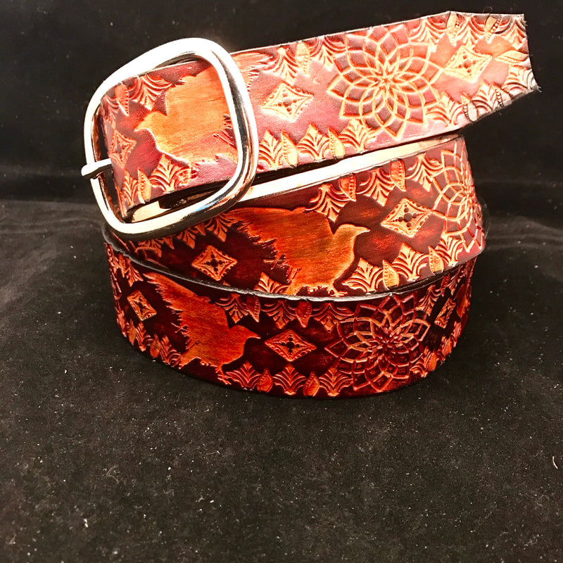 Stamped Leather Belt - Crow Red Design