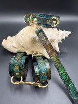 Stamped Leather Bondage Gear - Collar, Short Lined Leash, & 1 Cuff Set