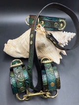 Stamped Leather Bondage Gear - Collar, Short Lined Leash, & 1 Cuff Set
