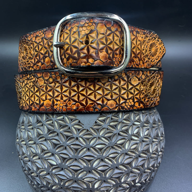 Stamped Leather Belt - Flower of Life/Honeycomb