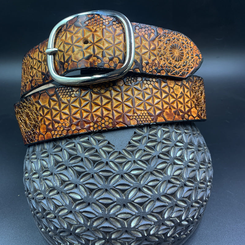 Stamped Leather Belt - Flower of Life /Honeycomb
