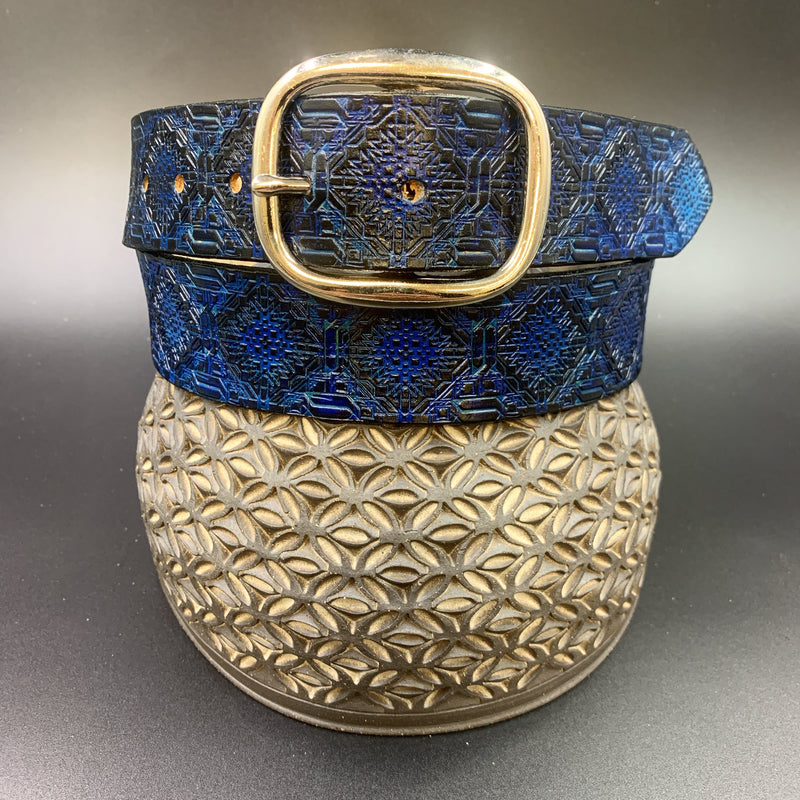 Stamped Leather Belt - Patterned Blue