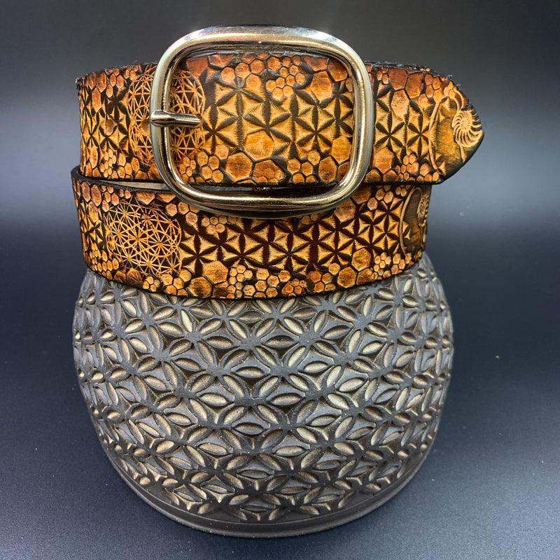 Stamped Leather Belt - Honeycomb