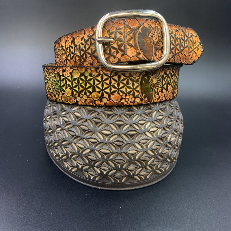 Stamped Leather Belt - Flower of Life Honeycomb