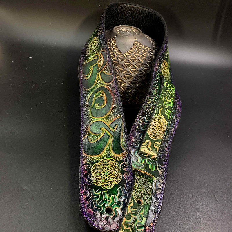 Carved Leather Custom Guitar Strap - Stunning Tactile Designs - Colorfully Vibrant and Unique - Adjustable - Handmade