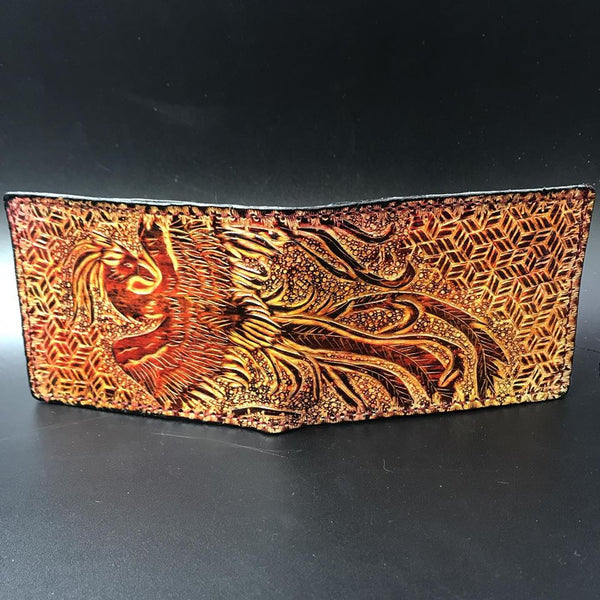 Carved Leather Bifold Wallet - Phoenix