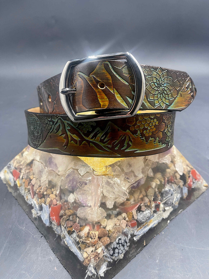 Stamped Leather Belt - Mountains
