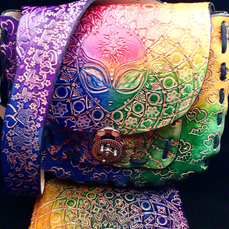Large Carved Leather Purse - Rainbow Alien