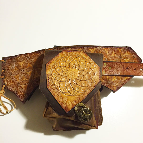 Carved Leather Utility Hip Belt - Flower of Life Sunburst (Side A)