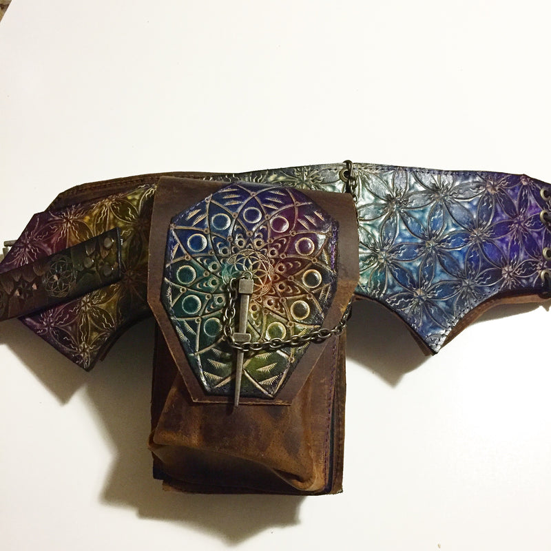 Carved Leather Utility Hip Belt - Flower of Life Dark Rainbow (Side A)