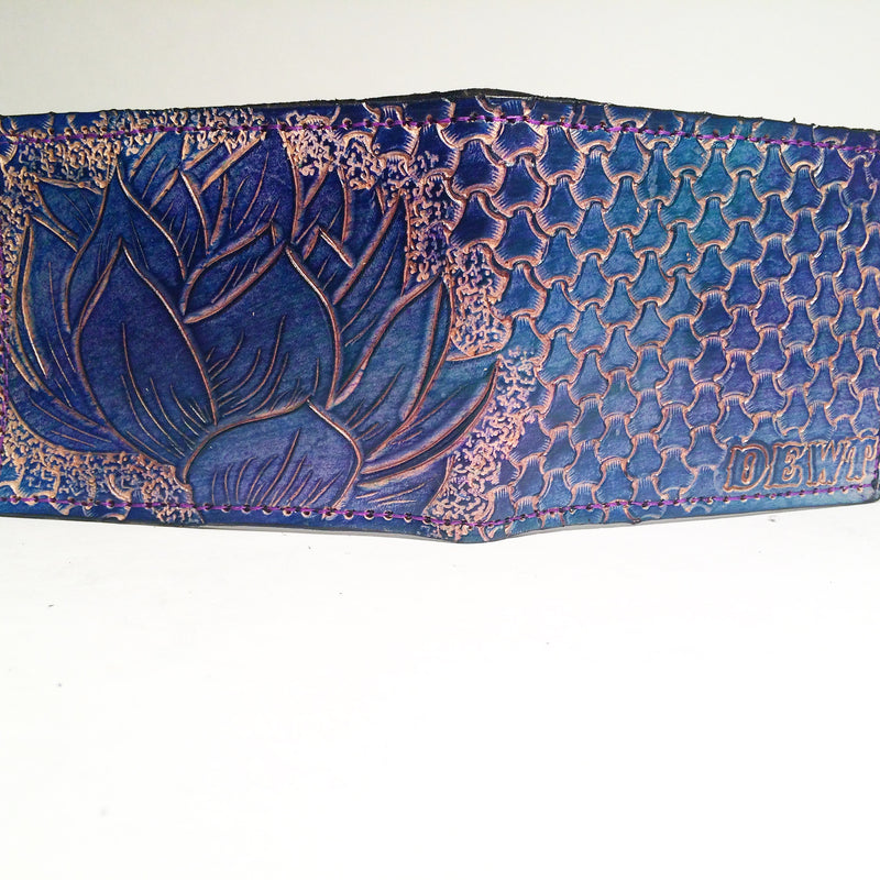 Carved Leather Bifold Wallet - Blue Lotus