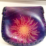 Large Round Stamped Leather Purse - Feather Mandala