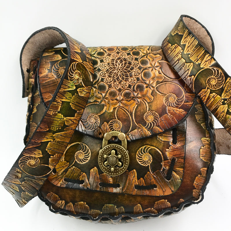 Large Round Stamped Leather Purse - Nautilus Mandala