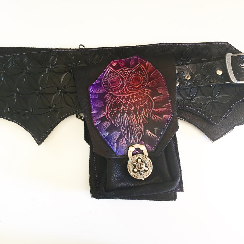 Carved Leather Utility Hip Belt - Flower of Life Black (Side B)