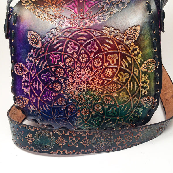 Large Carved Leather Purse - Rainbow Geometry