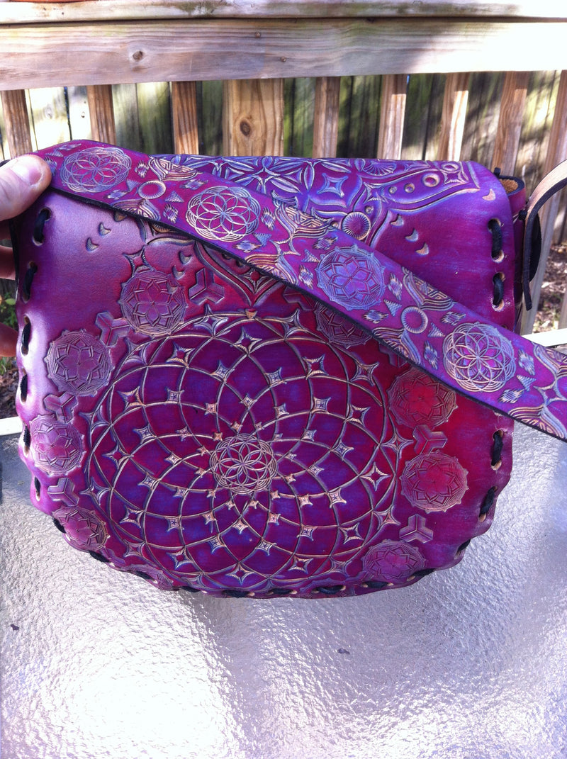 Large Carved Leather Purse - Pink Flower of Life (Back)