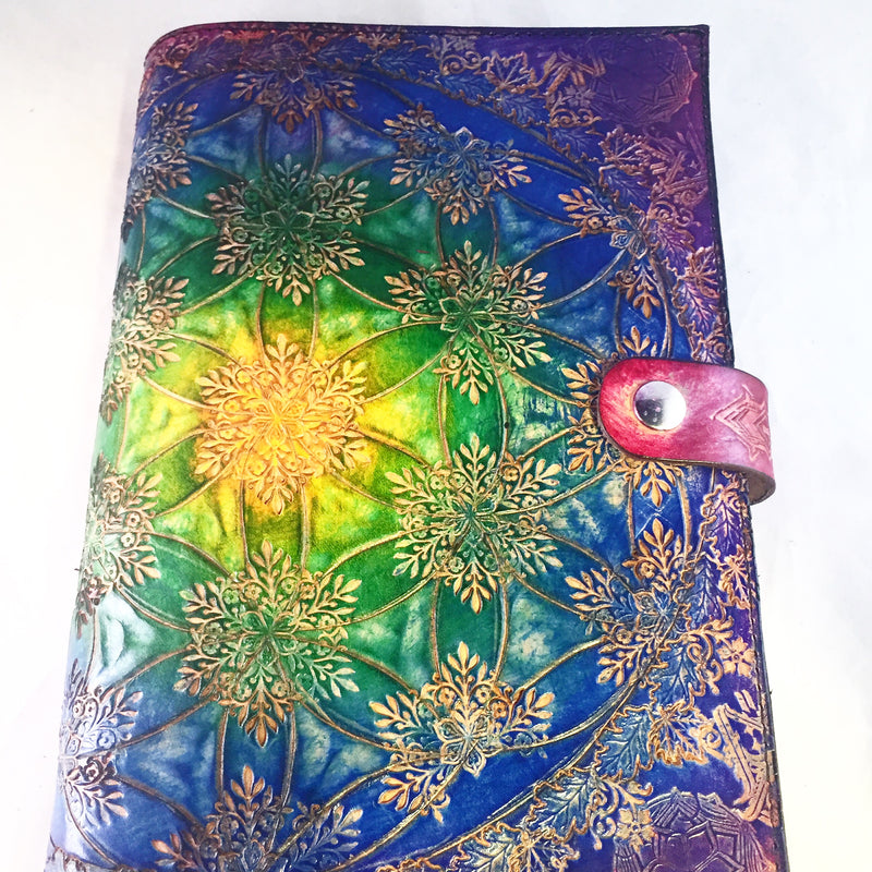 Carved Leather Journal - Rainbow Flower of Life