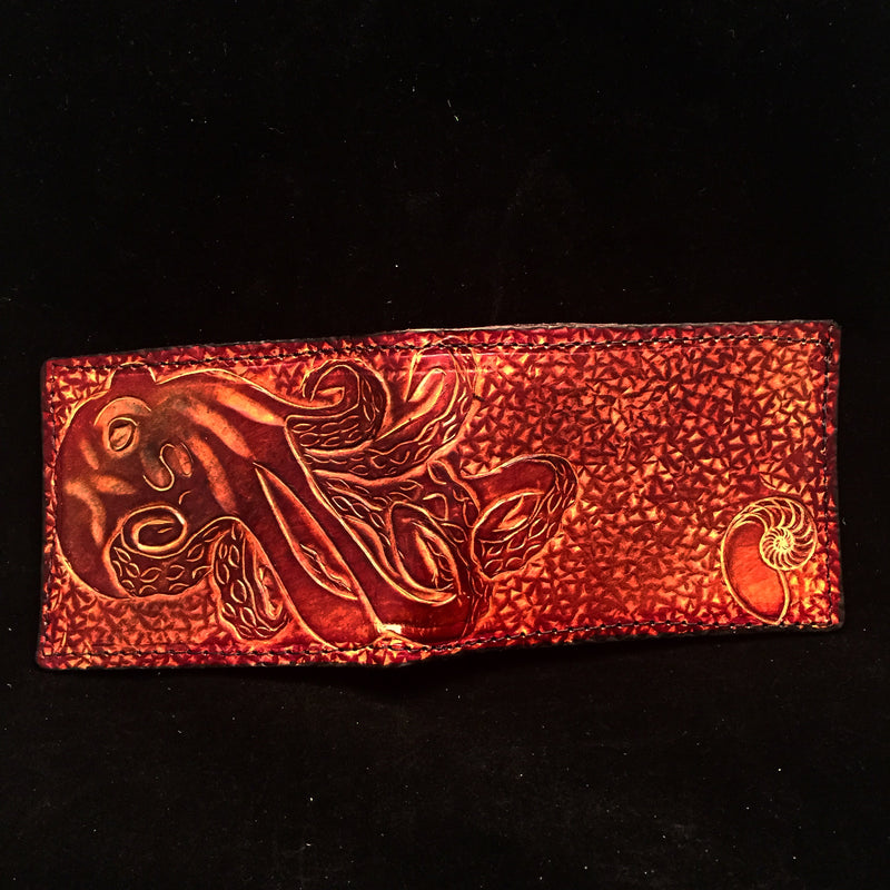 Carved Leather Bifold Wallet - Octopus Red