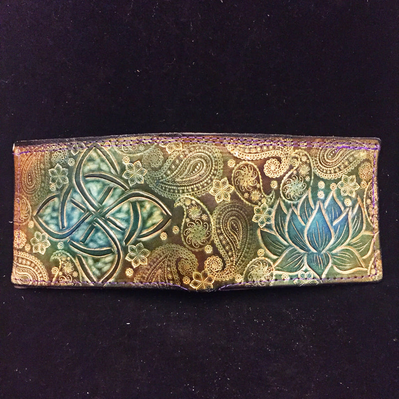 Carved Leather Bifold Wallet - Lotus Flower