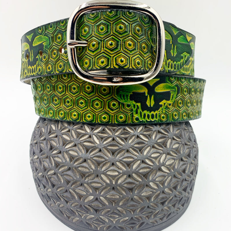 Stamped Leather Belt - Grateful Geometry Green