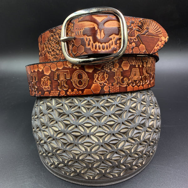 Stamped Leather Belt - Honeycomb Skull Sphinx