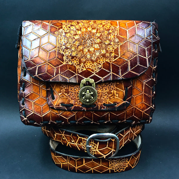 Stamped Leather Messenger Bag - Mandala