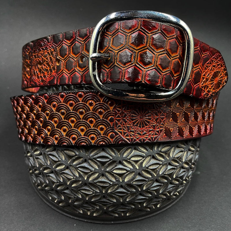 Stamped Leather Belt - Geometric Pattern Red