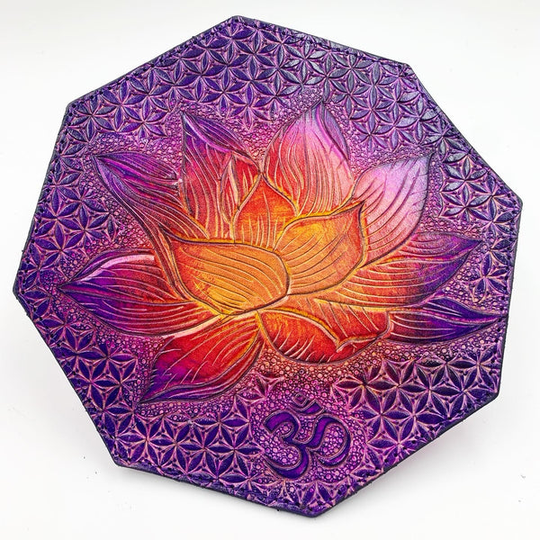 Carved Leather Dab Mat 7.5 Inch Octagon Coaster - Lotus Flower of Life