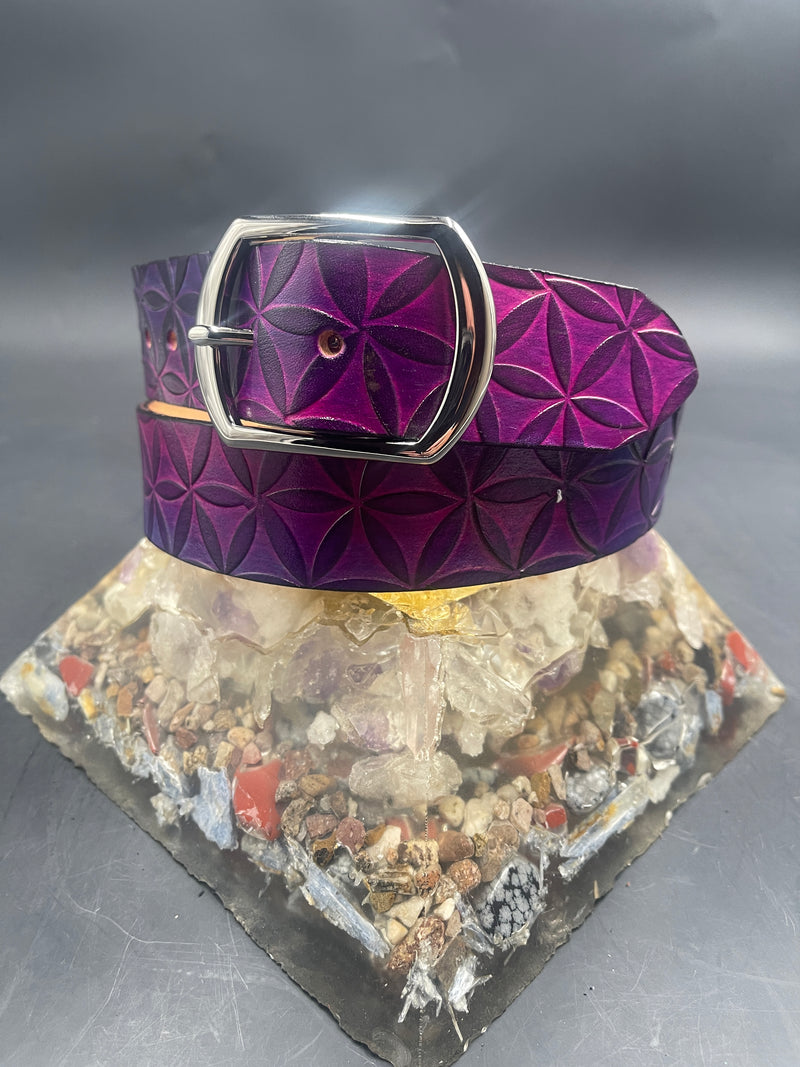 Large Stamped Leather Belt - Flower of Life Purple
