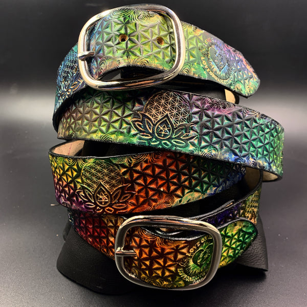 Stamped Leather Belt - Flower of Life Rainbow