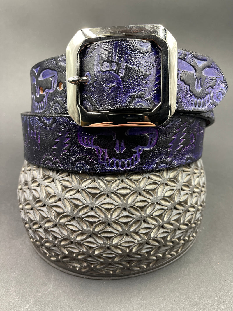 Stamped Leather Belt - Skull Purple
