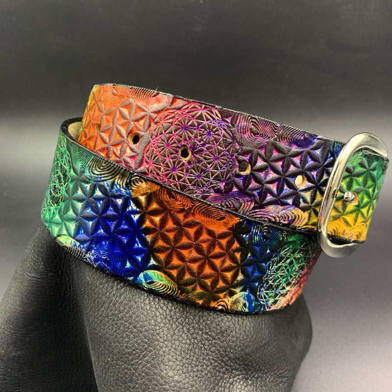 Stamped Leather Belt - Flower of Life Rainbow